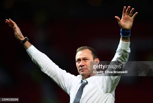 Interim Everton Manager, Duncan Ferguson celebrates following the Premier League match between Manchester United and Everton FC at Old Trafford on...