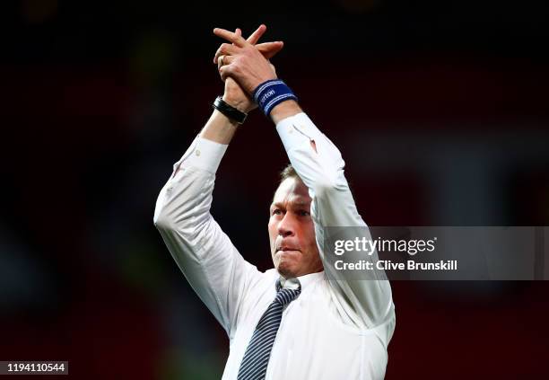 Interim Everton Manager, Duncan Ferguson acknowledges the fans following the Premier League match between Manchester United and Everton FC at Old...