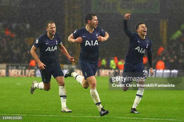 Jan Vertonghen of Tottenham Hotspur celebrates scoring his side's second goal during the Premier League match between Wolverhampton Wanderers and...