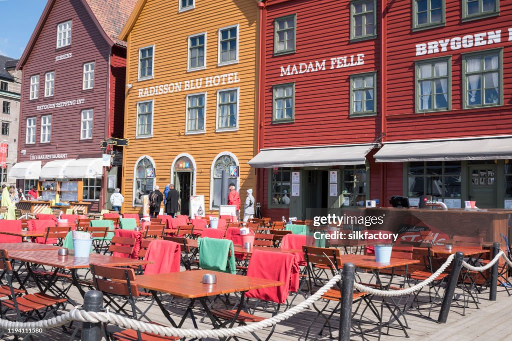 Bryggen Wharf in the city of Bergen in Norway on a sunny midday in spring