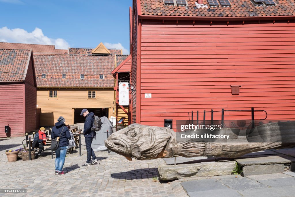 Bryggen Wharf in the city of Bergen in Norway on a sunny midday in spring