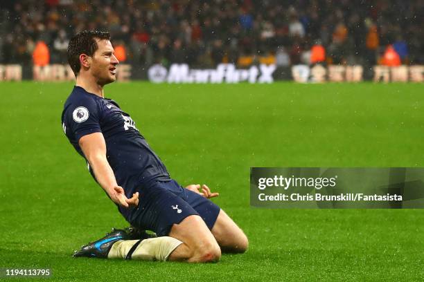 Jan Vertonghen of Tottenham Hotspur celebrates scoring his side's second goal during the Premier League match between Wolverhampton Wanderers and...