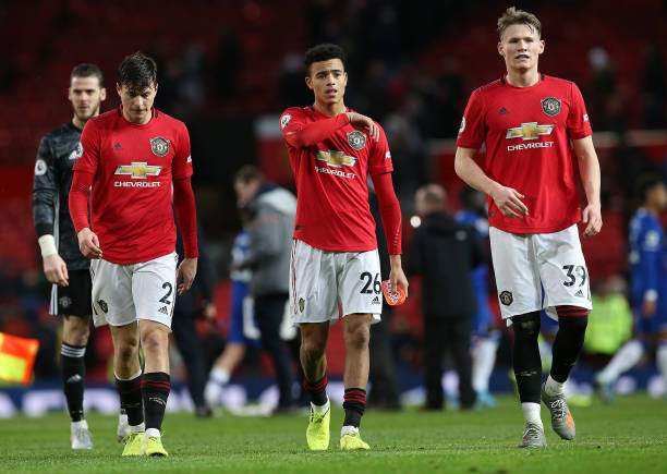 Victor Lindelof, Mason Greenwood and Scott McTominay of Manchester United walk off after the Premier League match between Manchester United and...