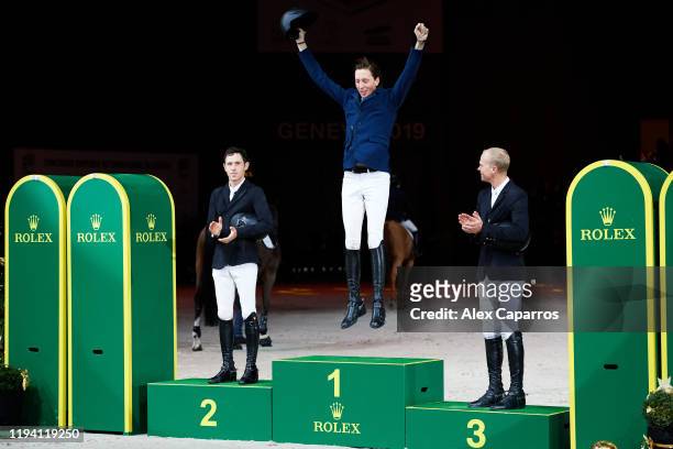 Scott Brash in 2nd place of Great Britain riding Hello Senator, Martin Fuchs of Switzerland in 1st place riding Clooney 51 and Jerome Guery in 3rd...