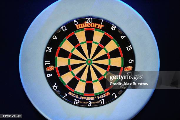 Detailed view of the dart board on stage prior to the start of play during Day Three of the 2020 William Hill World Darts Championship at Alexandra...