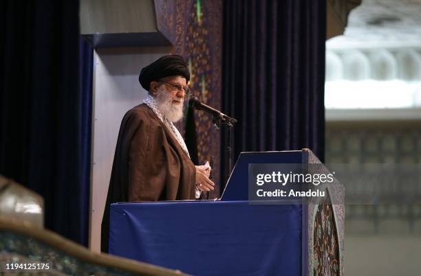 Supreme Leader of Iran, Ali Khamenei gives a sermon before leading a Friday prayer for the first time since 8 years at Imam Khomeini Mosalla in...