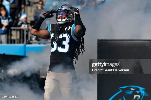 Carolina Panthers free safety Tre Boston takes to the field against Seattle Seahawks in the game at Bank of America Stadium on December 15, 2019 in...