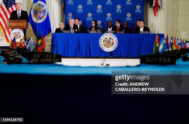 Secretary of State Mike Pompeo speaks at the Organization of American States during a gathering of the representatives in Washington, DC on January...