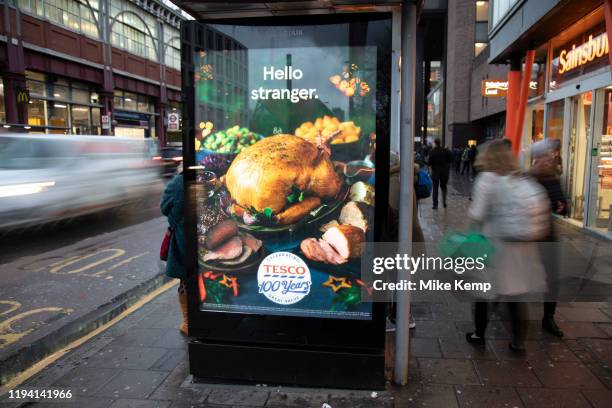 Bus shelter advert for Tesco Christmas turkey on 27th November 2019 in London, England, United Kingdom. Christmas dinner is a traditional meal...
