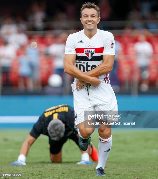 Dagoberto of of Sao Paulo FC celebrates his team first goal during a match Sao Paulo FC and Barcelona for the Legends Cup 2019 final football match...