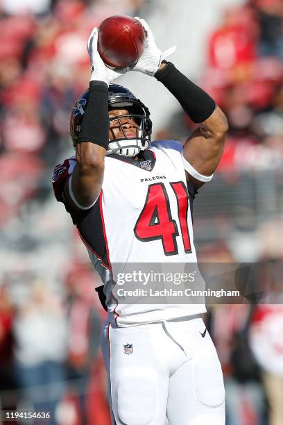 Sharrod Neasman of the Atlanta Falcons warms up before the game against the San Francisco 49ers at Levi's Stadium on December 15, 2019 in Santa...
