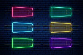 Glowing neon frames red, blue, green, yellow, violet, turquoise. Neon light banners set. Realistic glow signboard