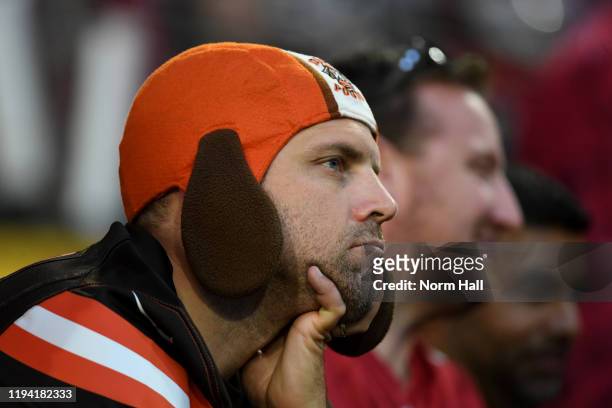 Fan of the Cleveland Browns reacts during the second half of a game against the Arizona Cardinals at State Farm Stadium on December 15, 2019 in...