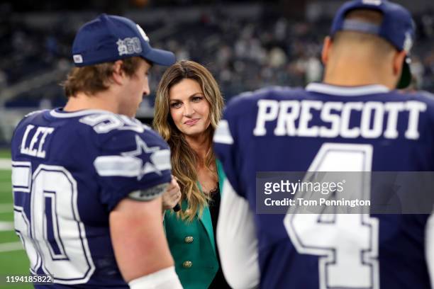 Television personality Erin Andrews interviews Sean Lee of the Dallas Cowboys and Dak Prescott of the Dallas Cowboys after the Dallas Cowboys beat...