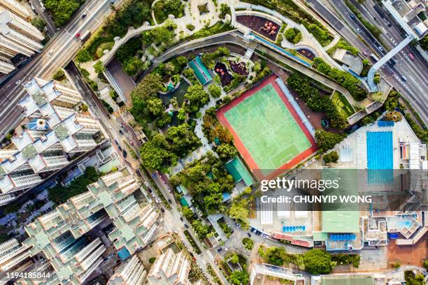 hong kong city drone view - aerial view of childs playground stock pictures, royalty-free photos & images