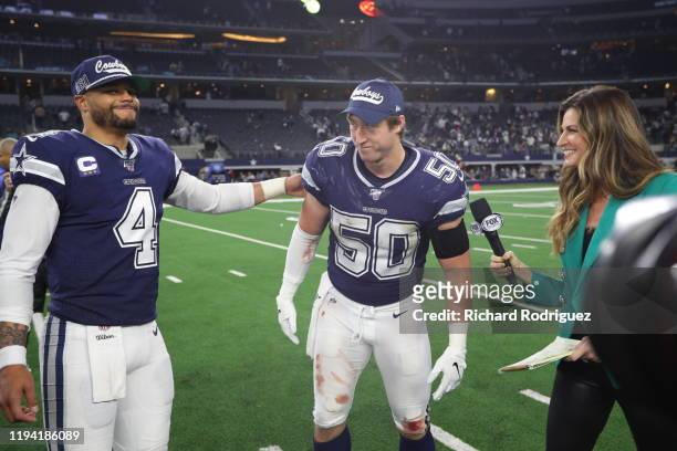Dak Prescott of the Dallas Cowboys and Sean Lee of the Dallas Cowboys get interviewed by Erin Andrews of FOX NFL at AT&T Stadium on December 15, 2019...