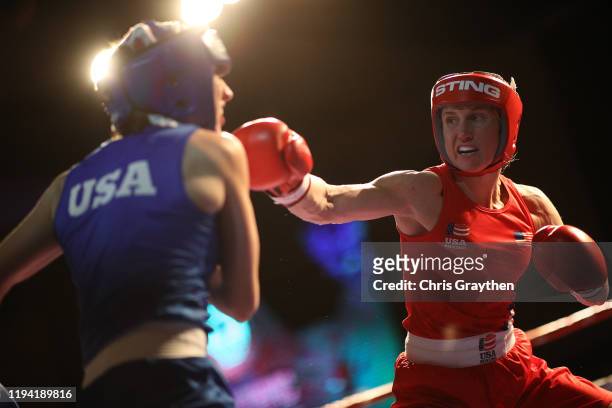 Virginia Fuchs fights Christina Cruz during the 2020 U.S. Olympic Boxing Team Trials at Golden Nugget Lake Charles Hotel & Casino on December 15,...