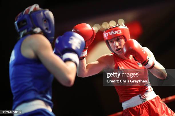 Virginia Fuchs fights Christina Cruz during the 2020 U.S. Olympic Boxing Team Trials at Golden Nugget Lake Charles Hotel & Casino on December 15,...