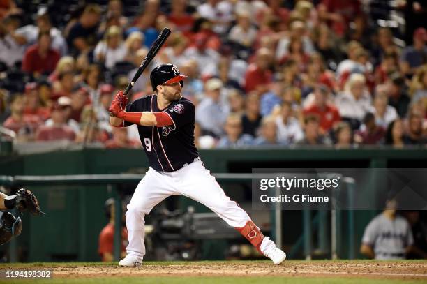 Brian Dozier of the Washington Nationals bats against the Miami Marlins at Nationals Park on August 30, 2019 in Washington, DC.