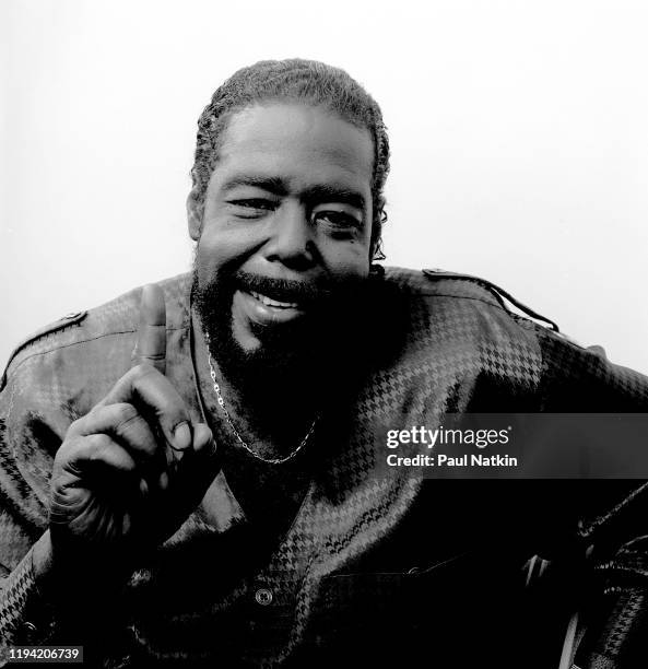 Portrait of American R&B and Soul singer Barry White as he poses backstage at the Regal Theater, Chicago, Illinois, June 1, 1990.