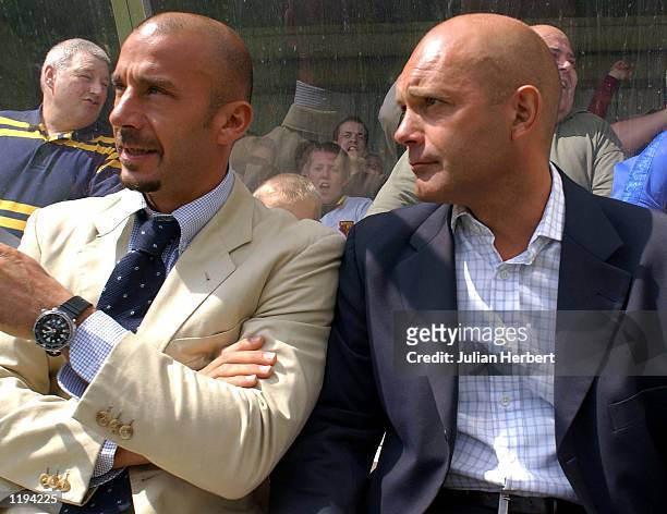 Gianluca Vialli and Ray Wilkins in the dug-out during a Pre-season friendly against Aylesbury United F.C. The match was the Italians first as manager...