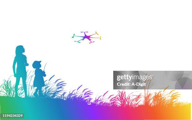 children flying toy drone rainbow - timothy grass stock illustrations