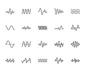 Sound waves flat line icons set. Vibration, soundwave, audio voice signal, abstract waveform frequency vector illustrations. Outline pictogram for music app. Pixel perfect 64x64. Editable Strokes