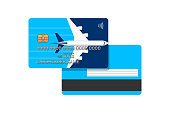 Miles bank card with airplane on blue cover front and back design template. Plastic credit card with bonuses for frequent air travel vector illustration