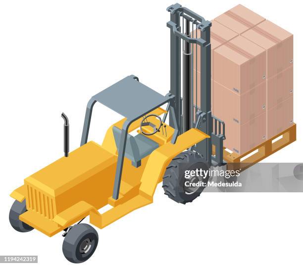 isometric vector forklift - unloading boxes stock illustrations