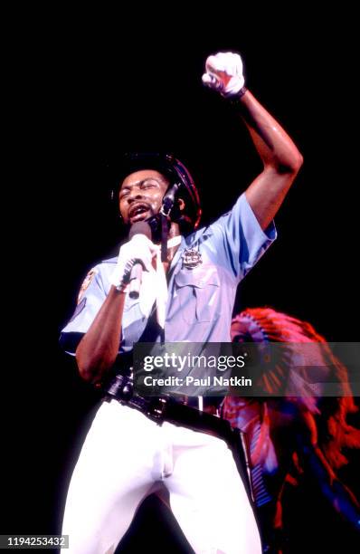 American Disco vocalist Victor Willis, of the group the Village People, performs onstage at the Chicago Stadium, Chicago, Illinois, June 21, 1979.