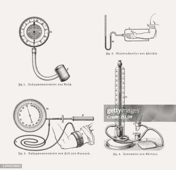 historical blood pressure measurement, wood engravings, published in 1900 - compression sleeve stock illustrations