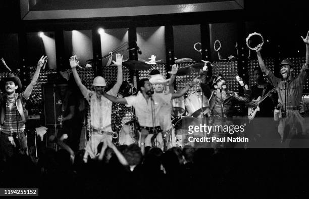 American Disco group the Village People perform onstage at the Park West, Chicago, Illinois, May 19, 1978. Pictured are, from left, Randy Jones,...