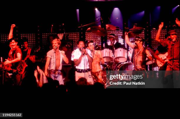 American Disco group the Village People perform onstage at the Park West, Chicago, Illinois, May 19, 1978. Pictured are, from left, Randy Jones,...