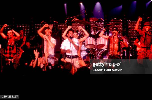 American Disco group the Village People perform onstage at the Park West, Chicago, Illinois, May 19, 1978. Pictured are, from left, Randy Jones,...