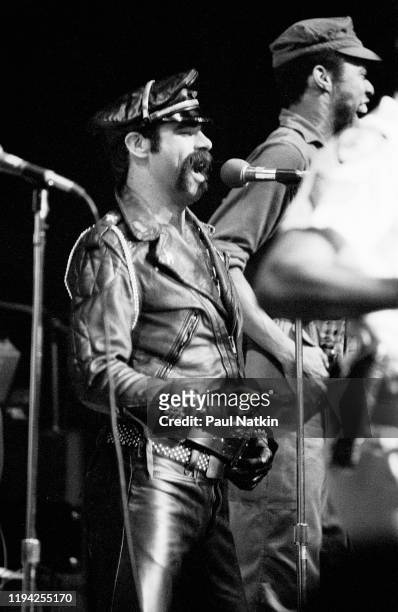 American Disco group the Village People perform onstage at the Park West, Chicago, Illinois, May 19, 1978. Pictured are Glenn Hughes and Alex Briley.