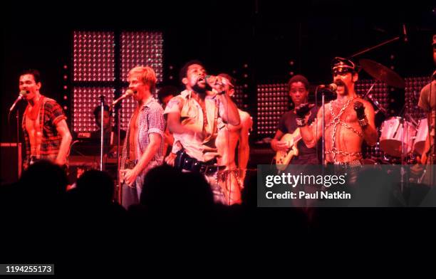 American Disco group the Village People perform onstage at the Park West, Chicago, Illinois, May 19, 1978. Pictured are, from left, Randy Jones,...