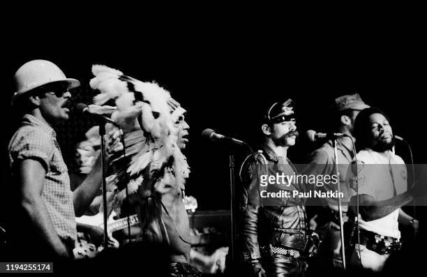 American Disco group the Village People perform onstage at the Park West, Chicago, Illinois, May 19, 1978. Pictured are, from left, David Hodo,...
