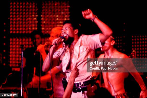 American Disco group the Village People perform onstage at the Park West, Chicago, Illinois, May 19, 1978. Pictured is Victor Willis and, in the...
