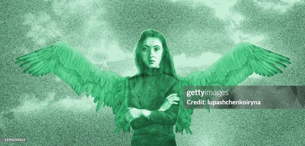 Fashionable vernal illustration allegory modern work of art surrealism my original drawing pencil horizontal landscape sky figure of a iwoman in the form of an angel with wings as a symbol of flight against the sky and clouds