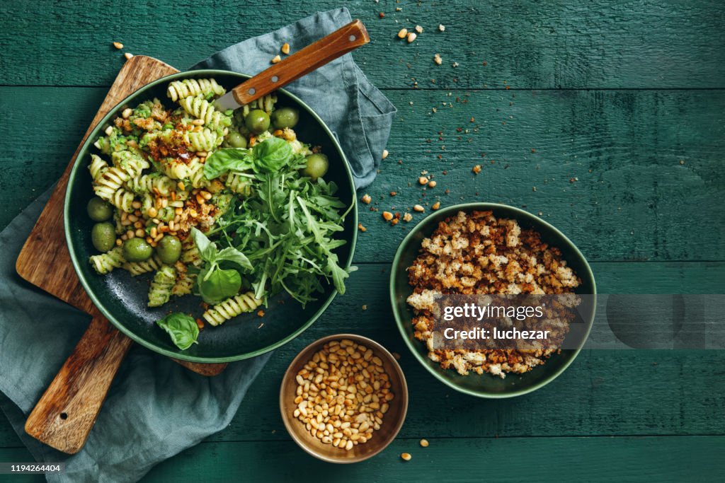 Summer vegetarian pasta salad with broccoli pesto