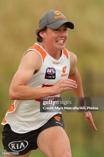 Jodie Hicks of the Giants runs during a Greater Western Sydney Giants AFLW training session at WestConnex Centre on December 16, 2019 in Sydney,...