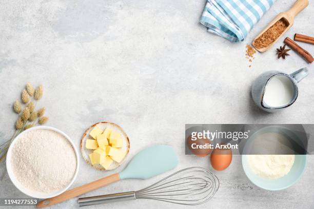 baking ingredients on background with copy space - breakfast ingredients stock pictures, royalty-free photos & images