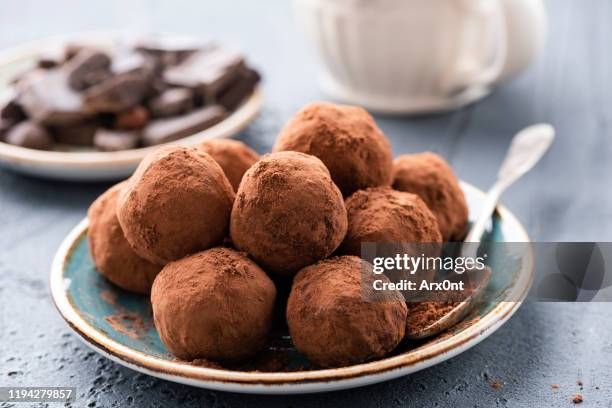 chocolate truffles with cocoa powder - fudge stock-fotos und bilder