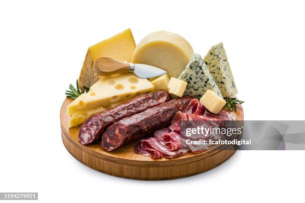 cheeses and cured meat isolated on white background - smoked stock pictures, royalty-free photos & images