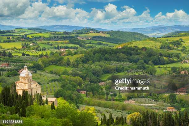 view from the walls of the hilltop town of montepulciano, landscape in tuscany, italy - montepulciano stock pictures, royalty-free photos & images