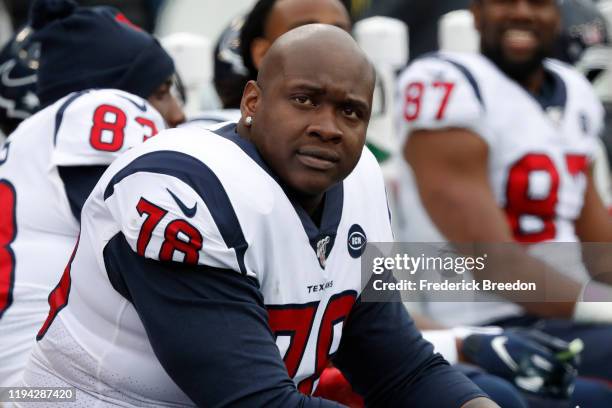 Laremy Tunsil of the Houston Texans watches from the sideline during a game against the Tennessee Titans at Nissan Stadium on December 15, 2019 in...