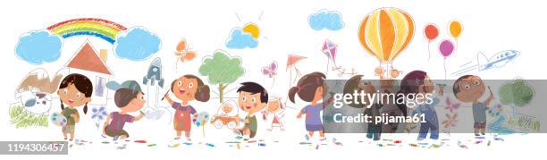 illustrazioni stock, clip art, cartoni animati e icone di tendenza di carino bambini pittura e disegni sul muro - back to school kids