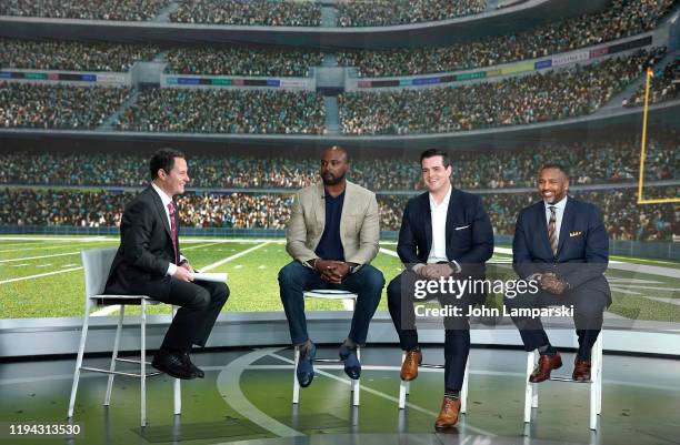Fox anchor Brian Kilmeade interviews former New York Giants player Mathias Kiwanuka, Chris Valletta and Pastor Michael Faulkner during "Fox &...