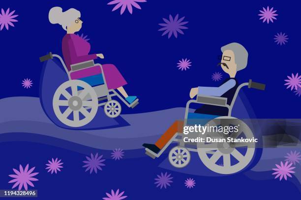 senior couple in a wheelchair - romantic couple back stock illustrations