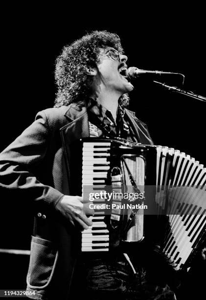 American satirist and Pop musician Weird Al Yankovic plays accordion as he performs onstage at the Park West, Chicago, Illinois, June 7, 1983.